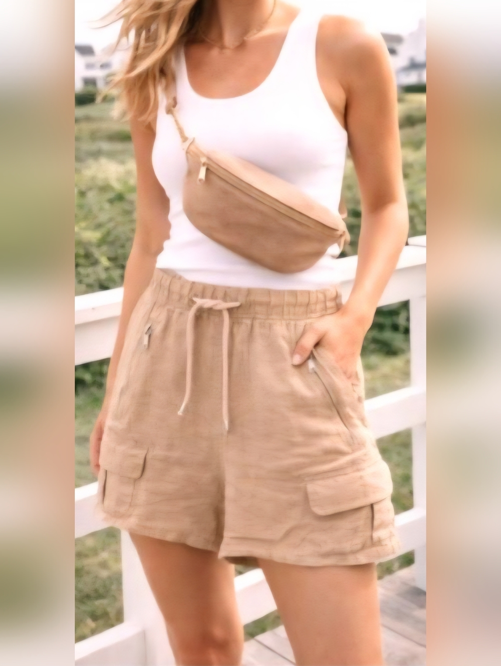 Blank NYC Linen Cargo Shorts Beige Size 28 Lightweight Summer Beach Casual NWT - Picture 2 of 16